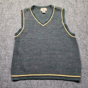 Vtg County Seat Mens Green V-Neck Sweater Vest Striped Trim Textured Knit Large